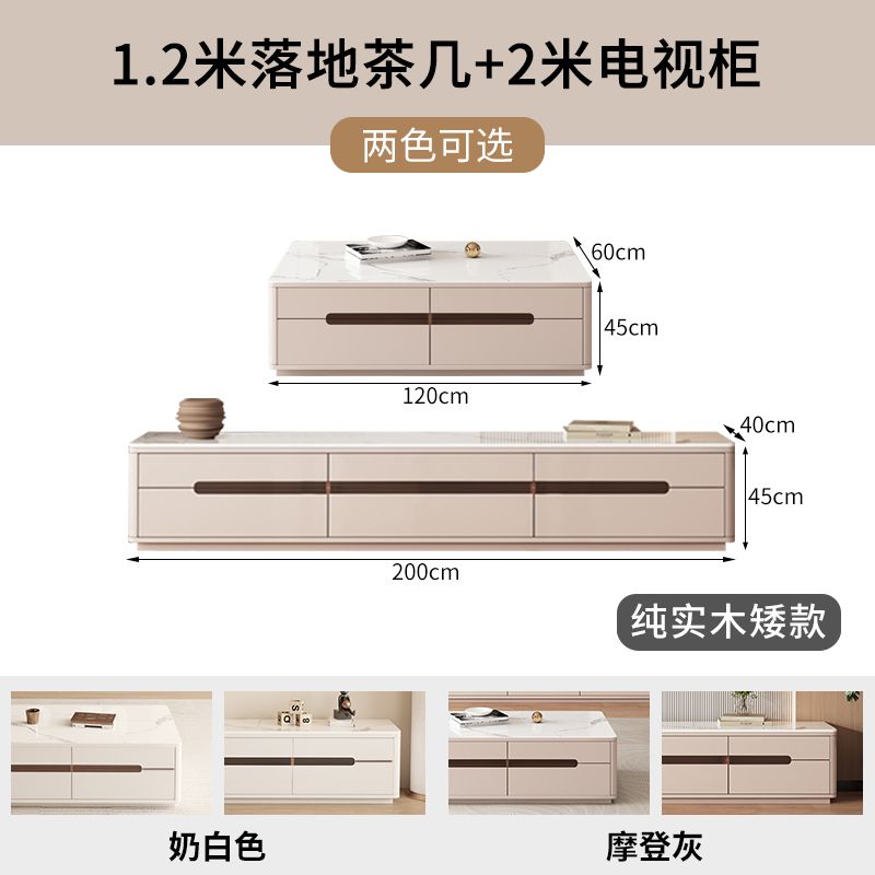 純實木落地收納雙層電視櫃茶几組合現代簡約客廳小戶型巖板一體