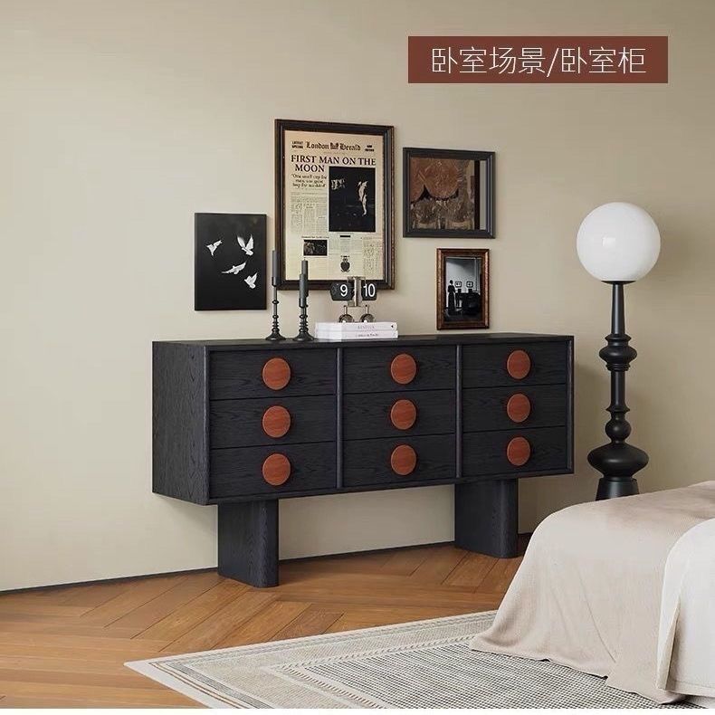 北歐中古實木電視櫃儲物法式復古現代簡約客廳玄關高款黑色地櫃