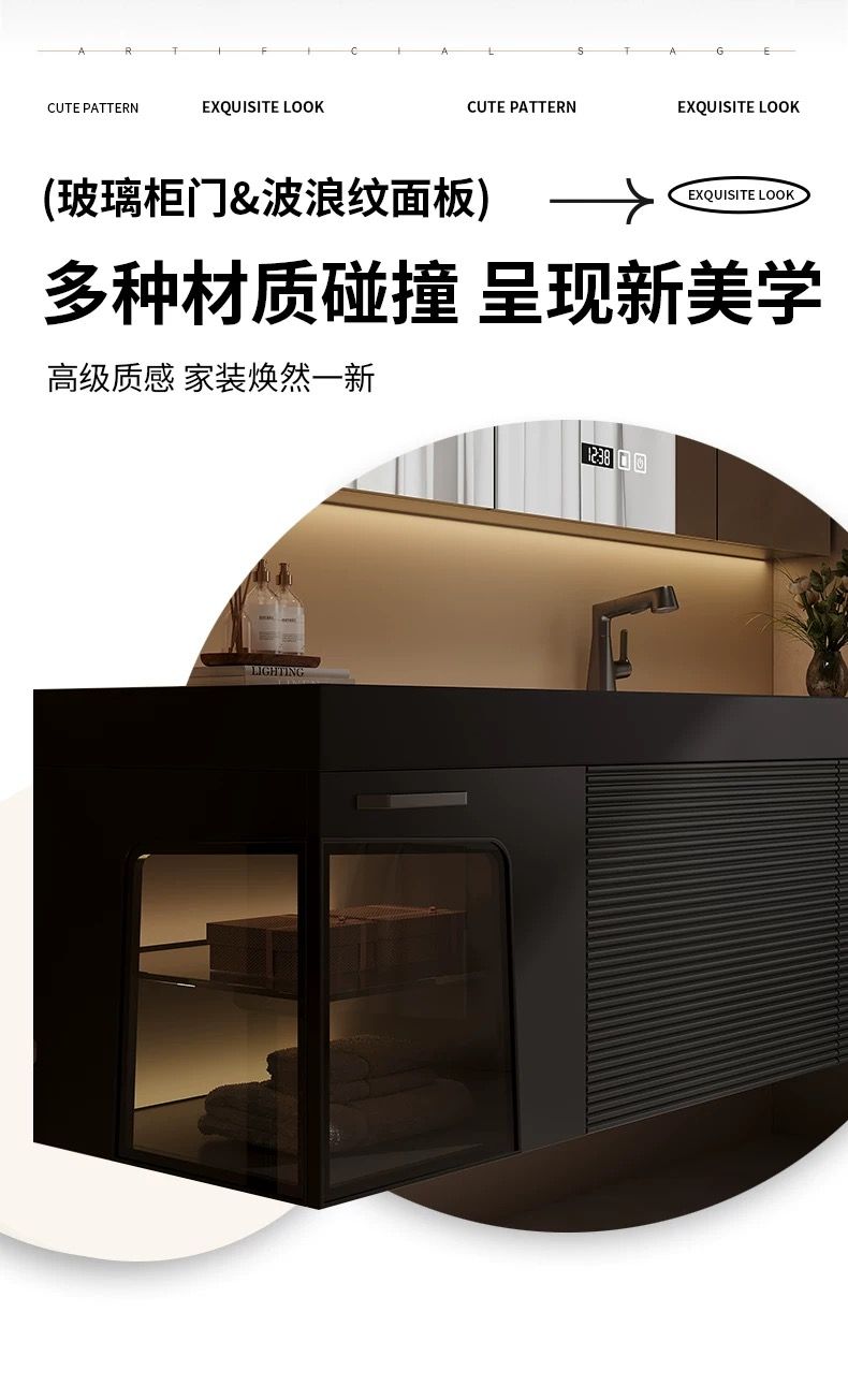 實木橡木洗手盆防水浴室櫃巖板衛浴一體洗臉盆衛生間組合定製