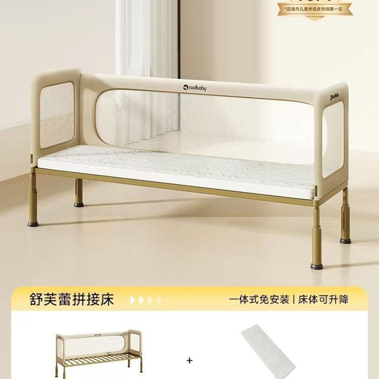 coolbaby一體式加寬兒童牀大人可睡加高護欄可升降多功能拼接