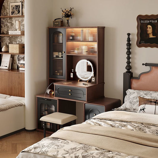 法式實木梳妝檯現代主臥室復古風書桌化妝臺一體新款大容量化妝桌