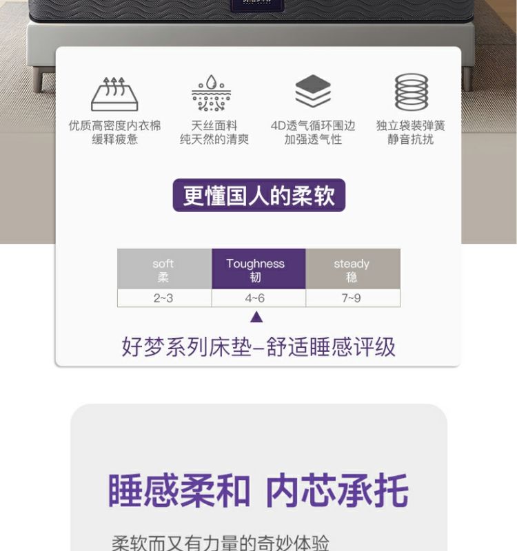 夢中馨軟硬適中牀墊獨袋彈簧酒店牀墊內衣棉天絲面料壓縮捲包牀墊
