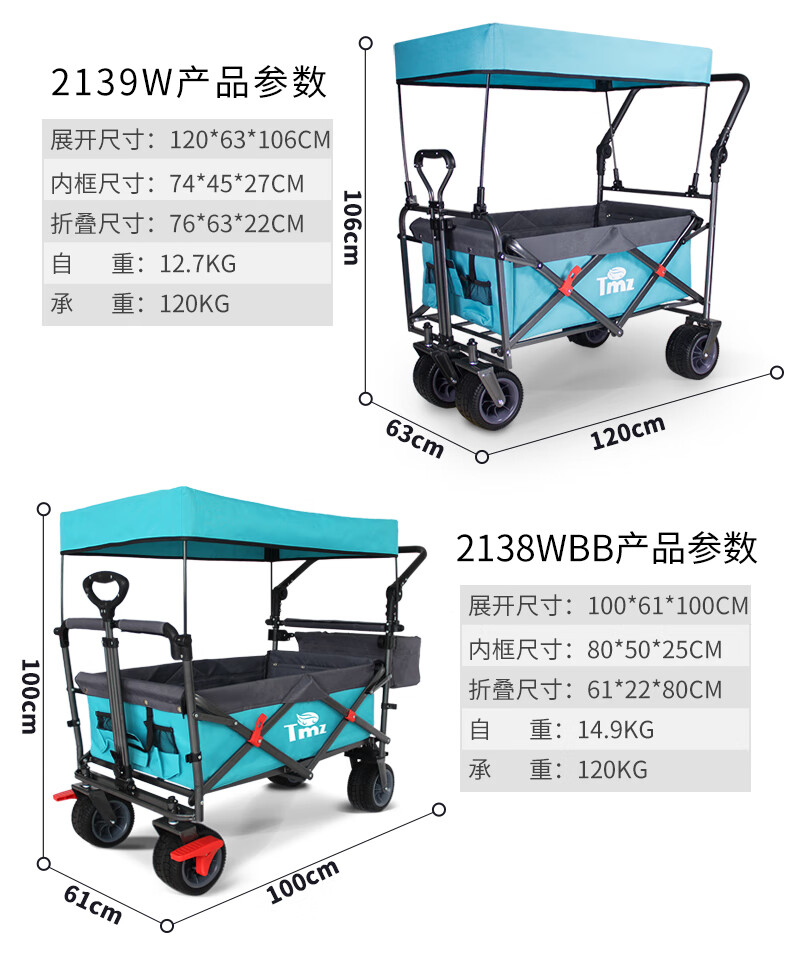 Tmz戶外摺疊露營車便攜野餐拖車營地小推車超市購物手拉車野營車