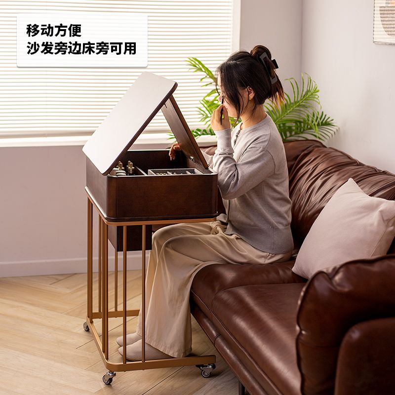 胡桃色梳妝檯臥室實木翻蓋可移動帶輪小戶型中古迷你化妝臺桌復古