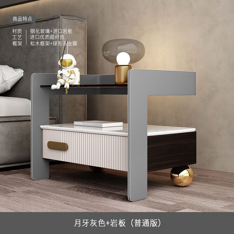 輕奢智能牀頭櫃巖板無線充電牀前櫃多功能感應燈簡約收納牀邊櫃