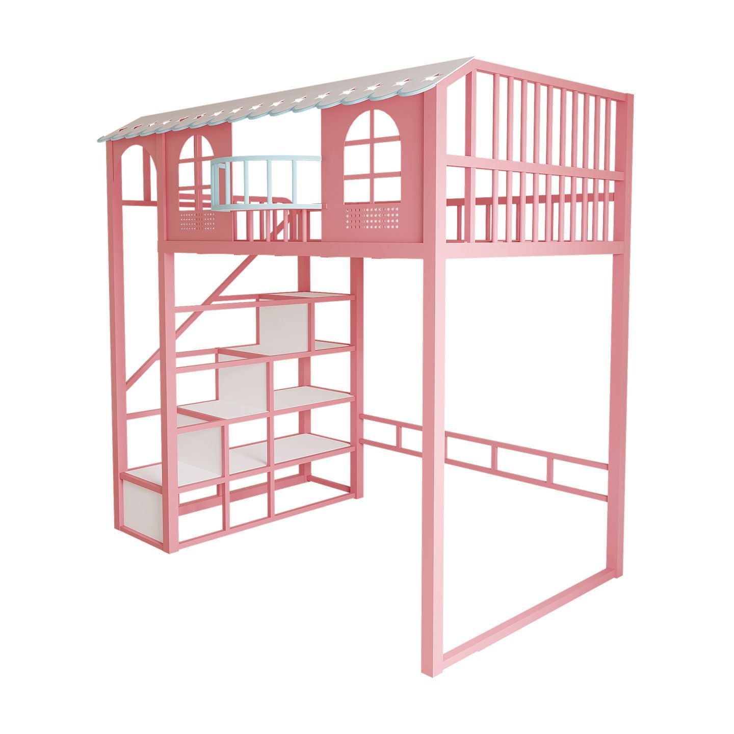 複式鐵藝高架牀loft鐵架上牀下空高低懸空牀樹屋閣樓牀兒童公主牀