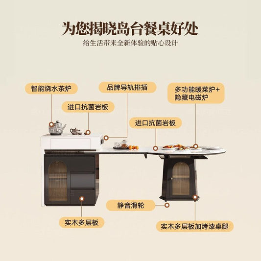 巖板電動島臺餐桌一體家用可伸縮摺疊兩用帶暖菜板方變圓桌中島臺