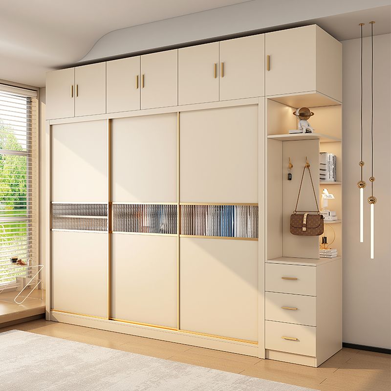 臥室推拉門衣櫃奶油風家用臥室簡約現代實木多層生態板原木色移門