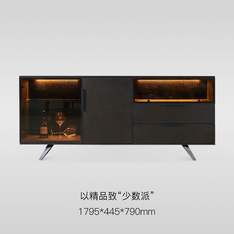 意式極簡實木玻璃餐邊櫃帶LED燈輕奢風酒櫃現代簡約客廳儲物櫃子