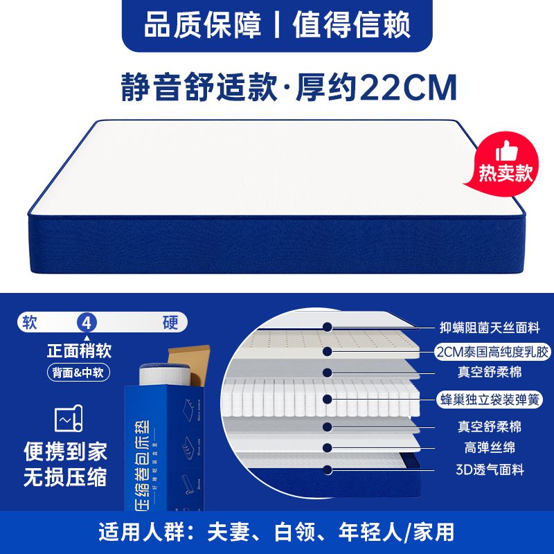藍色記憶盒子記憶棉乳膠捲包盒子彈簧牀墊席夢思壓縮十大家用臥