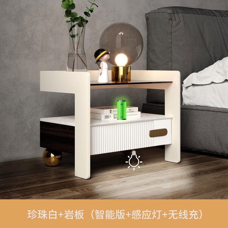輕奢智能牀頭櫃巖板無線充電牀前櫃多功能感應燈簡約收納牀邊櫃