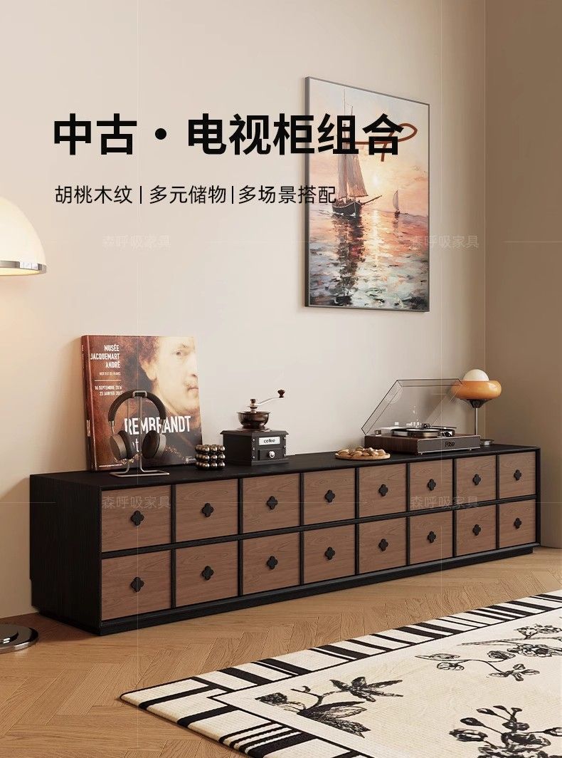 中古風電視櫃實木現代簡約雙層大容量儲物櫃一體整裝靠牆落地櫃