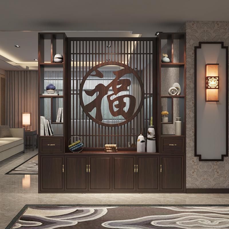 新中式客廳實木屏風隔斷辦公一體酒店大堂進門酒櫃玄關入戶隔斷櫃