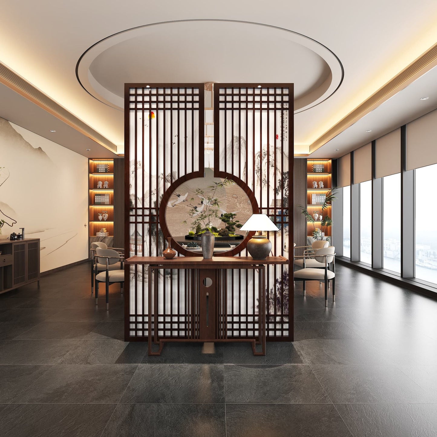 新中式實木屏風隔斷客廳玄關裝飾隔斷牆餐廳酒店背景牆格柵定製