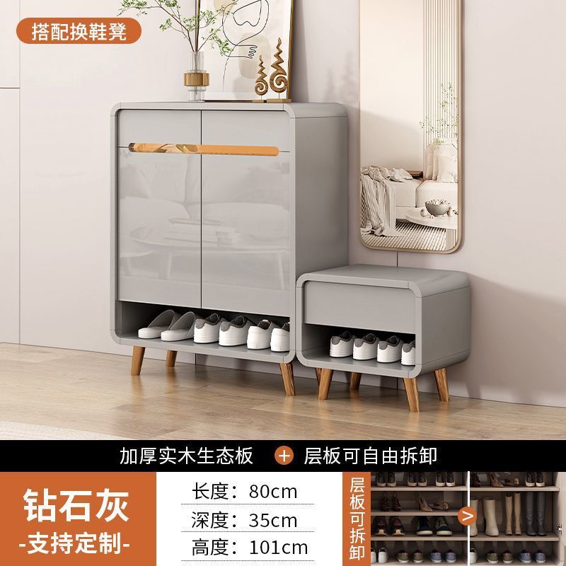 北歐原木風新中式入戶鞋櫃玄關入戶生態板收納櫃可坐大容量換鞋凳