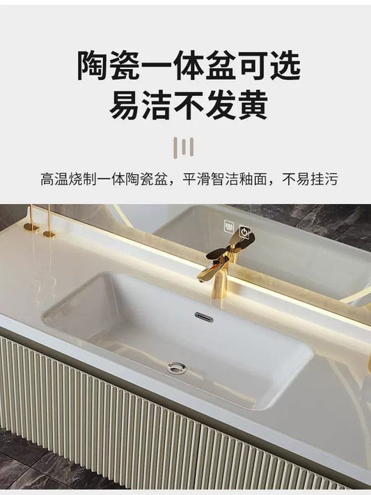 奶油風實木一體浴室櫃組合衛生間智能洗手盆洗臉池衛浴櫃洗漱定製