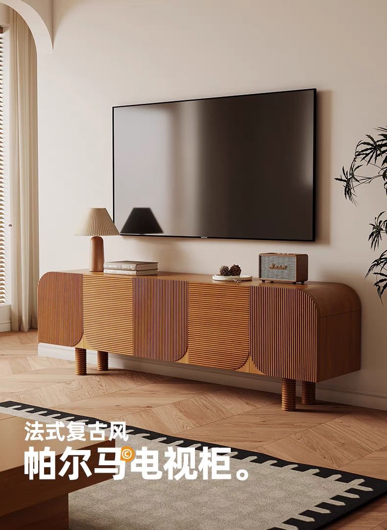 法式中古復古風電視櫃長方形儲物櫃家用高腳落地餐邊櫃侘寂實木櫃