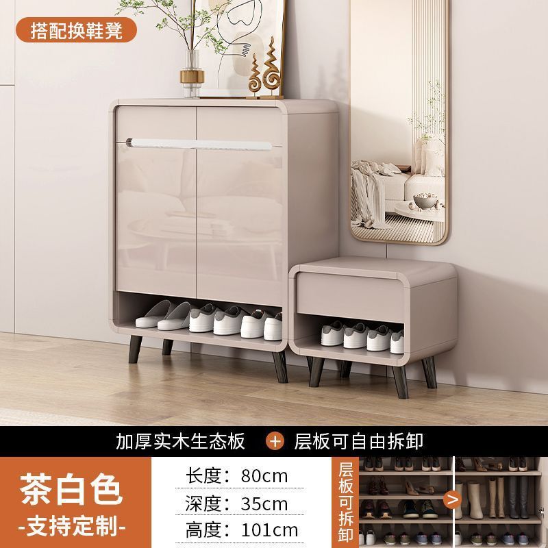 北歐原木風新中式入戶鞋櫃玄關入戶生態板收納櫃可坐大容量換鞋凳