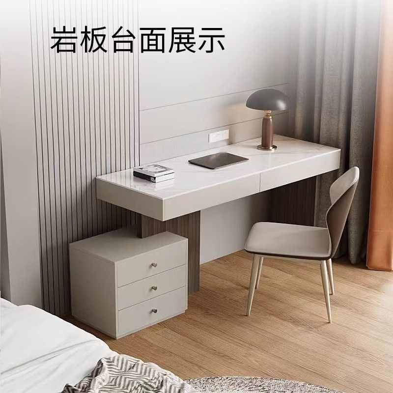 極簡書桌輕奢現代梳妝檯一體臥室家用實木巖板電腦桌304不鏽鋼