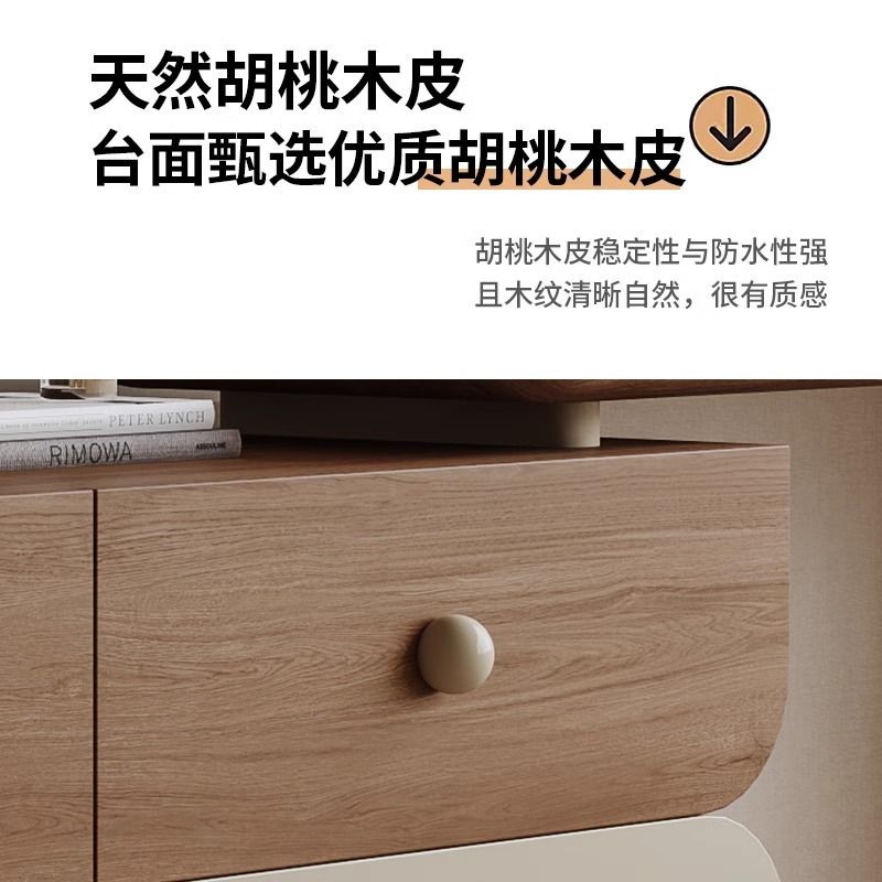 中古風奶油實木化妝桌梳妝檯現代臥室簡約鬥櫃飄窗復古牀尾胡桃木