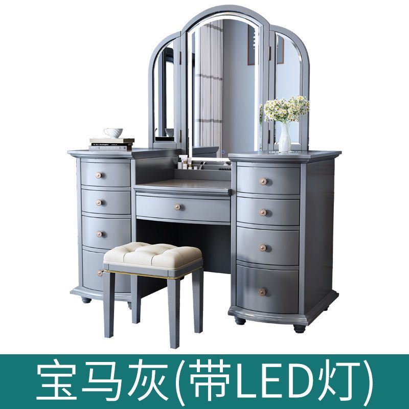 美式實木梳妝檯輕奢現代簡約高檔復古摺疊鏡臥室化妝桌收納櫃一體