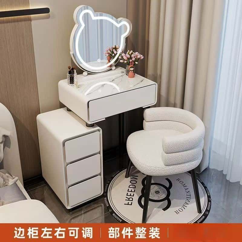 简约梳妆台奶油风化妆桌小户型现代轻奢化妆台梳妆台亮面钢化玻璃
