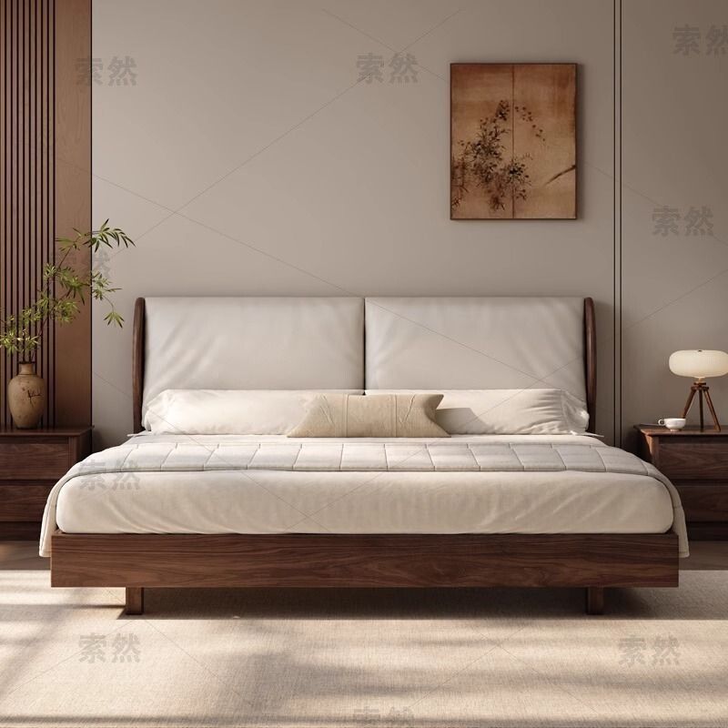新中式黑胡桃木实木双人床轻奢软包真皮靠背大床卧室家用2025新款