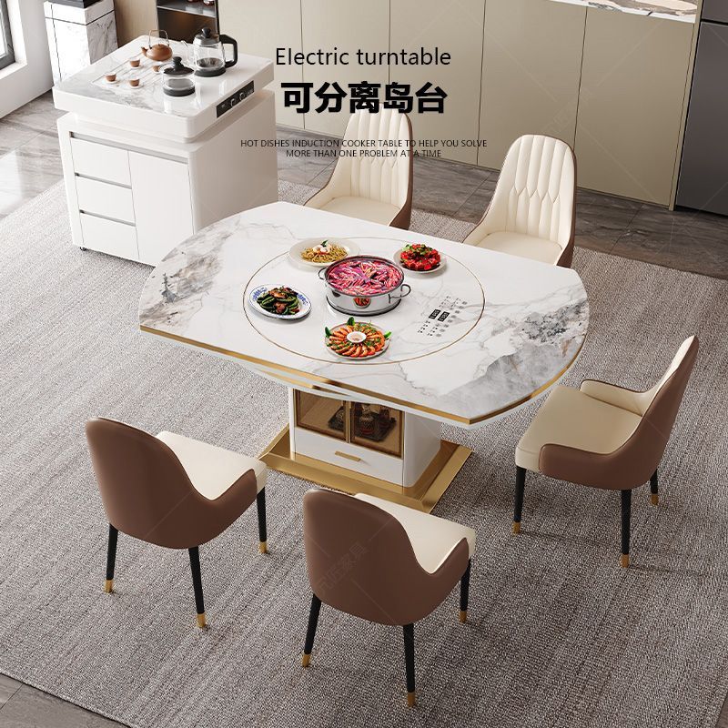 岩板岛台餐桌一体轻奢家用小户型多功能带电磁炉伸缩方圆两用饭桌