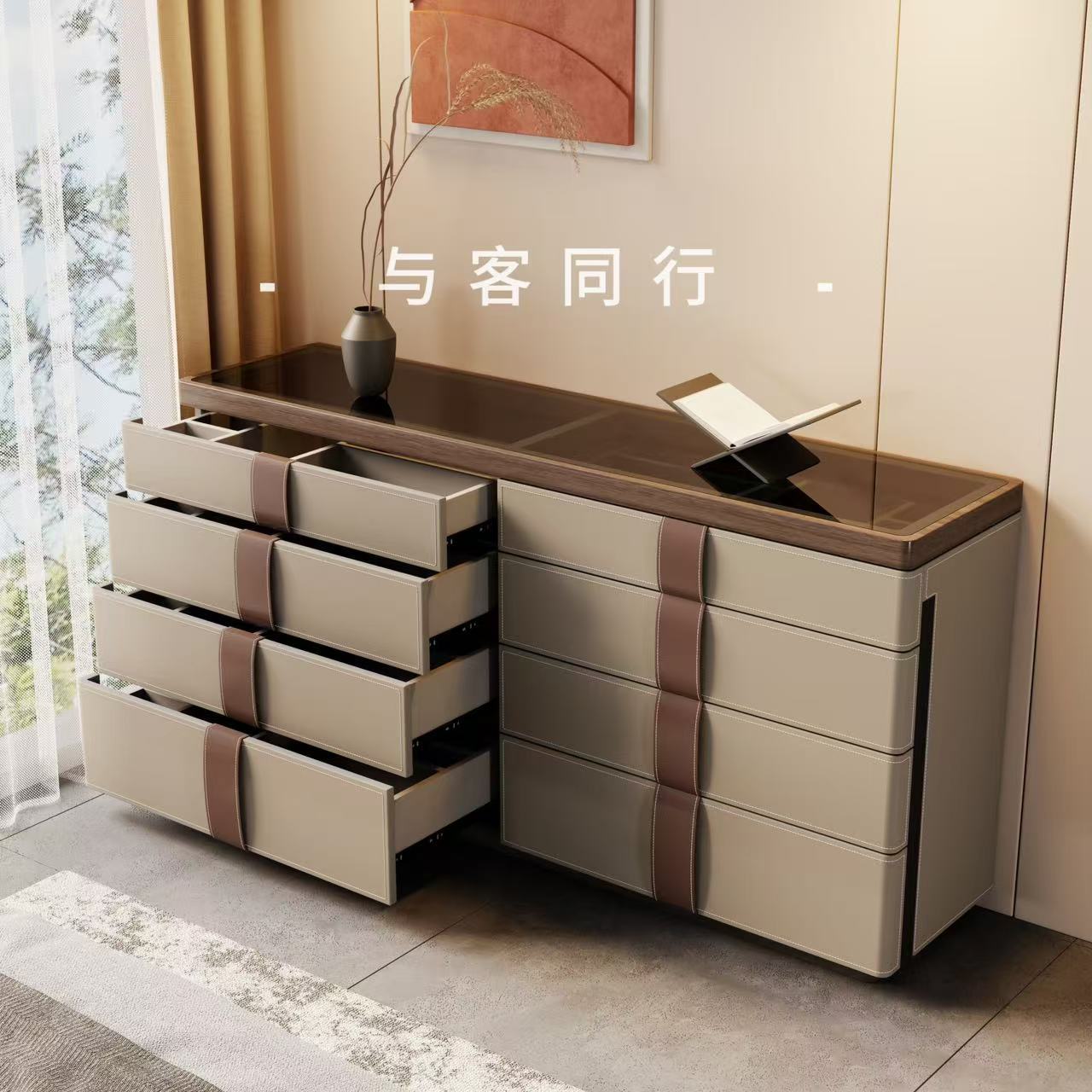 意大利法式收纳柜卧室边柜设计师意式实木马鞍皮斗柜
