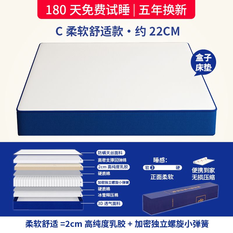 家用席夢思臥室棉乳膠軟墊20cm加厚壓縮捲包盒子獨立彈簧牀墊