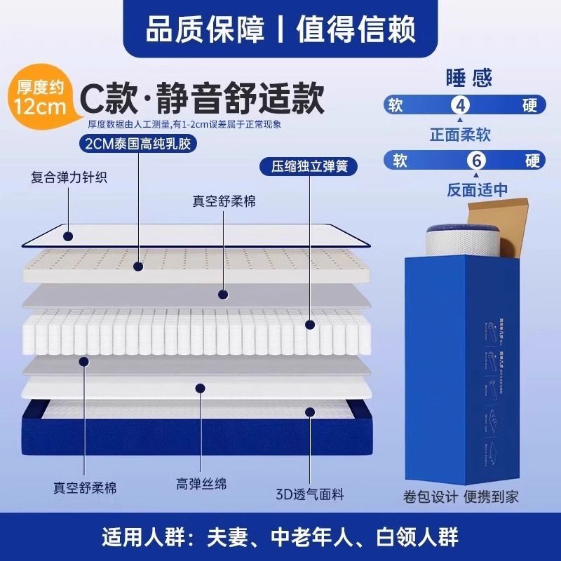 席夢思藍色記憶盒子乳膠牀墊真空捲包彈簧壓縮榻榻米高端1.8米