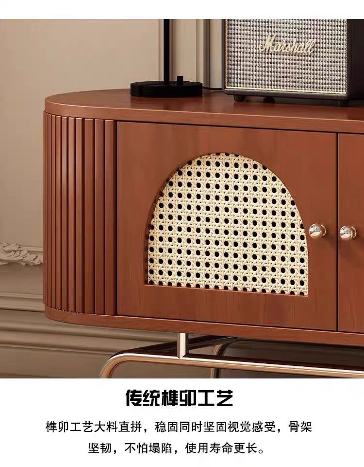 實木藤編茶几電視櫃復古小戶型客廳法式組合電視機儲物櫃落地家用