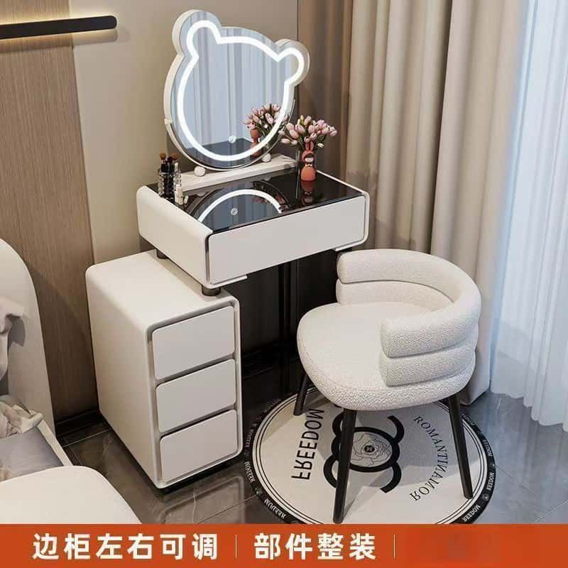 简约梳妆台奶油风化妆桌小户型现代轻奢化妆台梳妆台亮面钢化玻璃