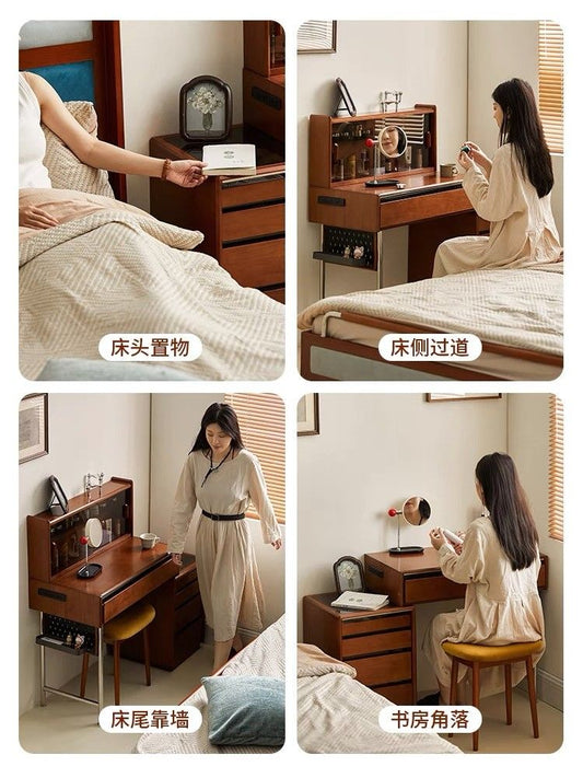實木梳妝檯北歐復古伸縮收納一體小戶型書桌儲物臥室帶燈化妝桌子