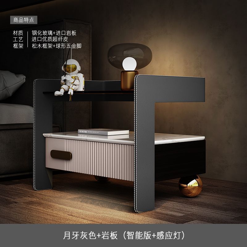 輕奢智能牀頭櫃巖板無線充電牀前櫃多功能感應燈簡約收納牀邊櫃