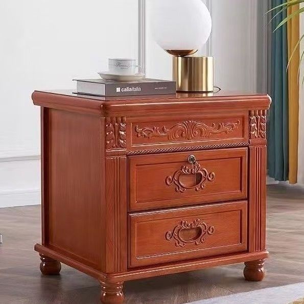 中式復古整裝帶鎖雕花實木新款牀頭櫃簡約臥室牀邊儲物櫃家用收納