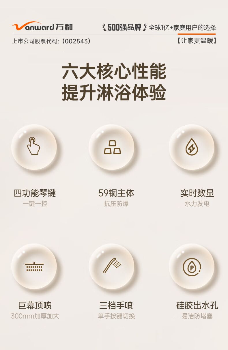 萬和奶白色淋浴花灑套裝奶油風恆溫淋雨浴家用沐浴衛浴數顯全套