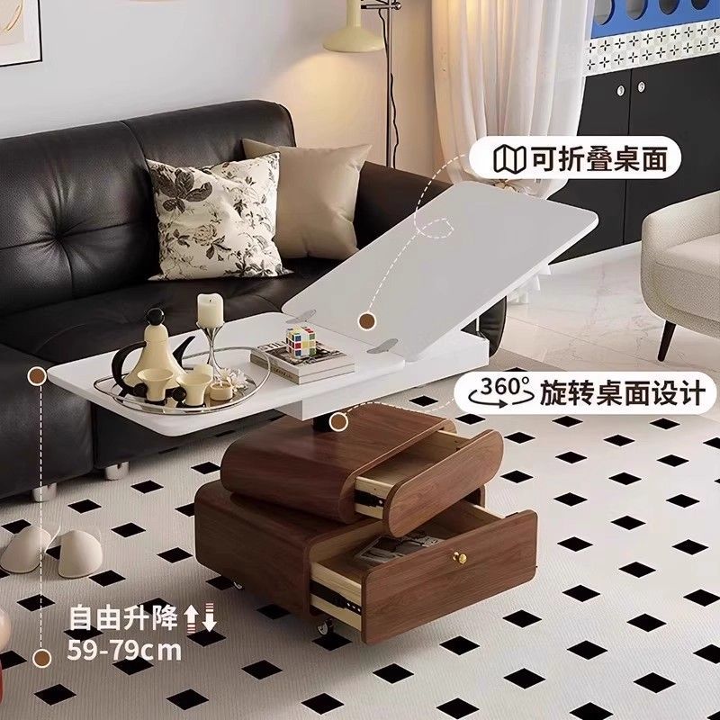 復古實木可摺疊升降茶几客廳臥室必備收納時尚滾輪設計輕奢法式風