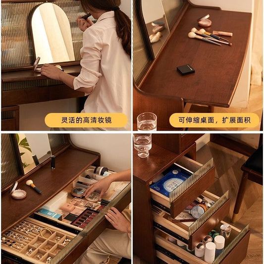 北歐實木梳妝檯臥室復古化妝桌家用小戶型化妝臺收納櫃一體