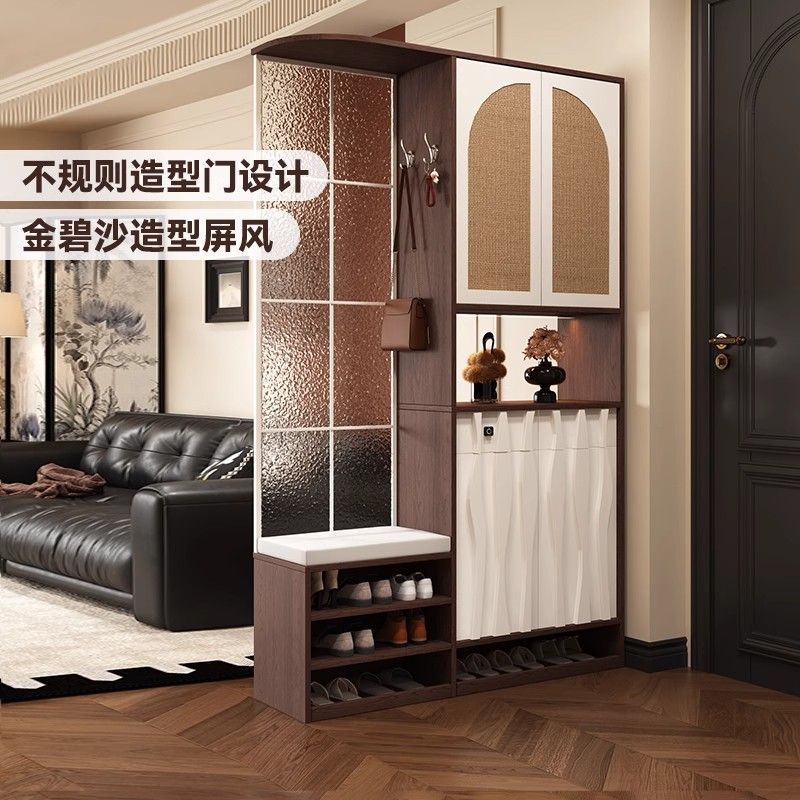 中古風玄關櫃入戶正對門屏風櫃客廳隔斷櫃鞋櫃一體門廳櫃定製海棠