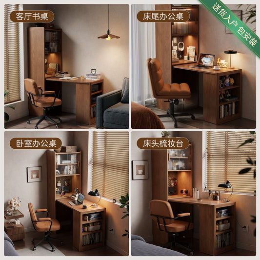 實木伸縮摺疊書桌書櫃一體組合學習桌小戶型書房臥室辦公桌電腦桌