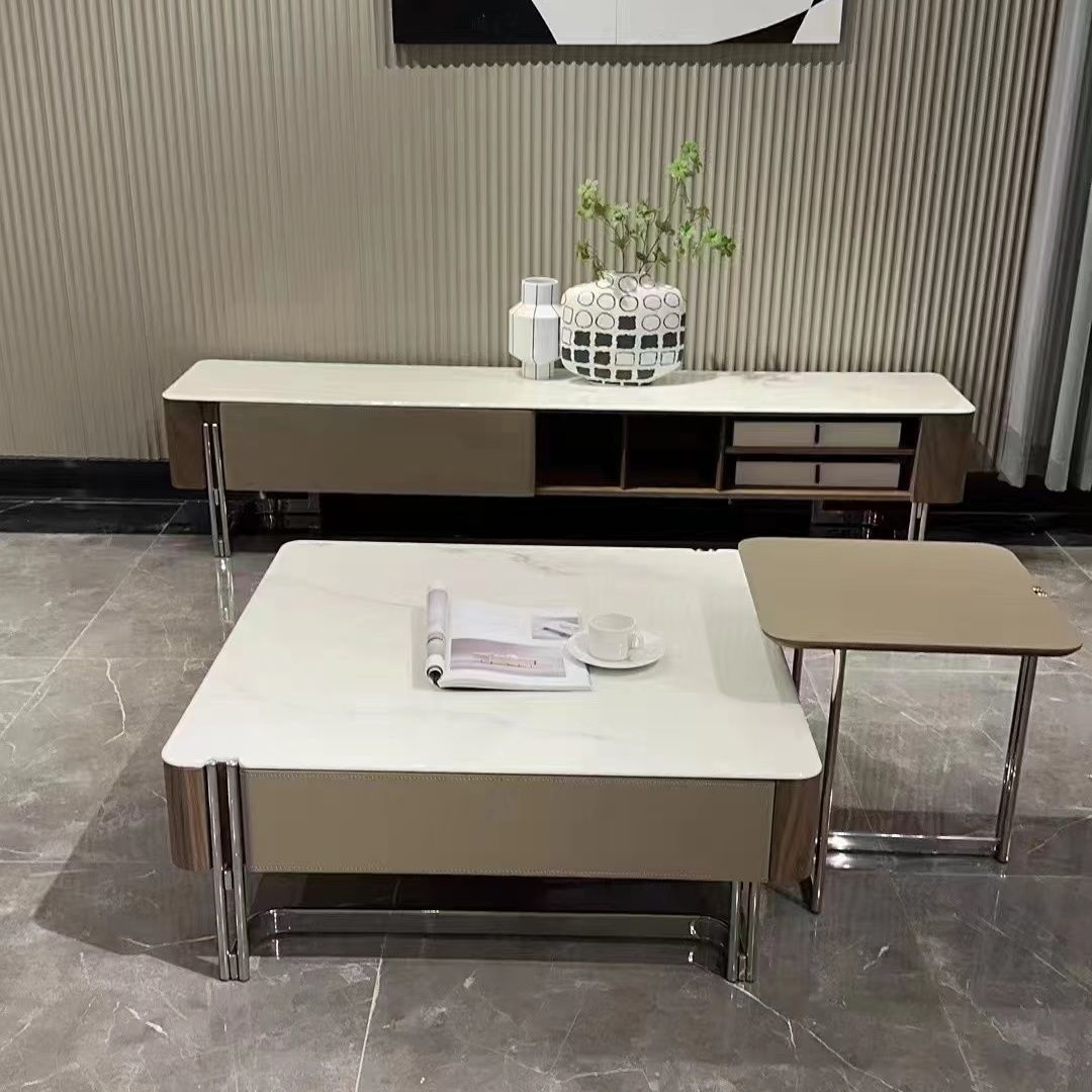 輕奢極簡高端亮光微晶石茶几現代客廳家用小戶型馬鞍皮茶几電視櫃