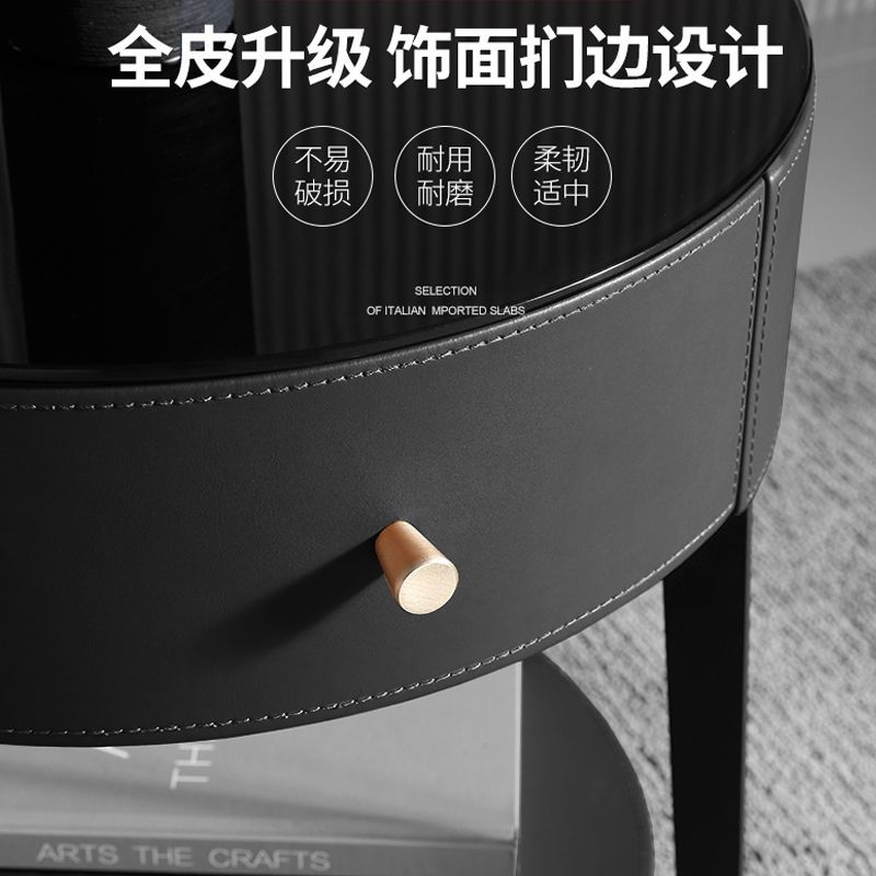 意式極簡圓形牀頭櫃簡約現代家用儲物櫃臥室輕奢牀邊櫃收納軟皮藝