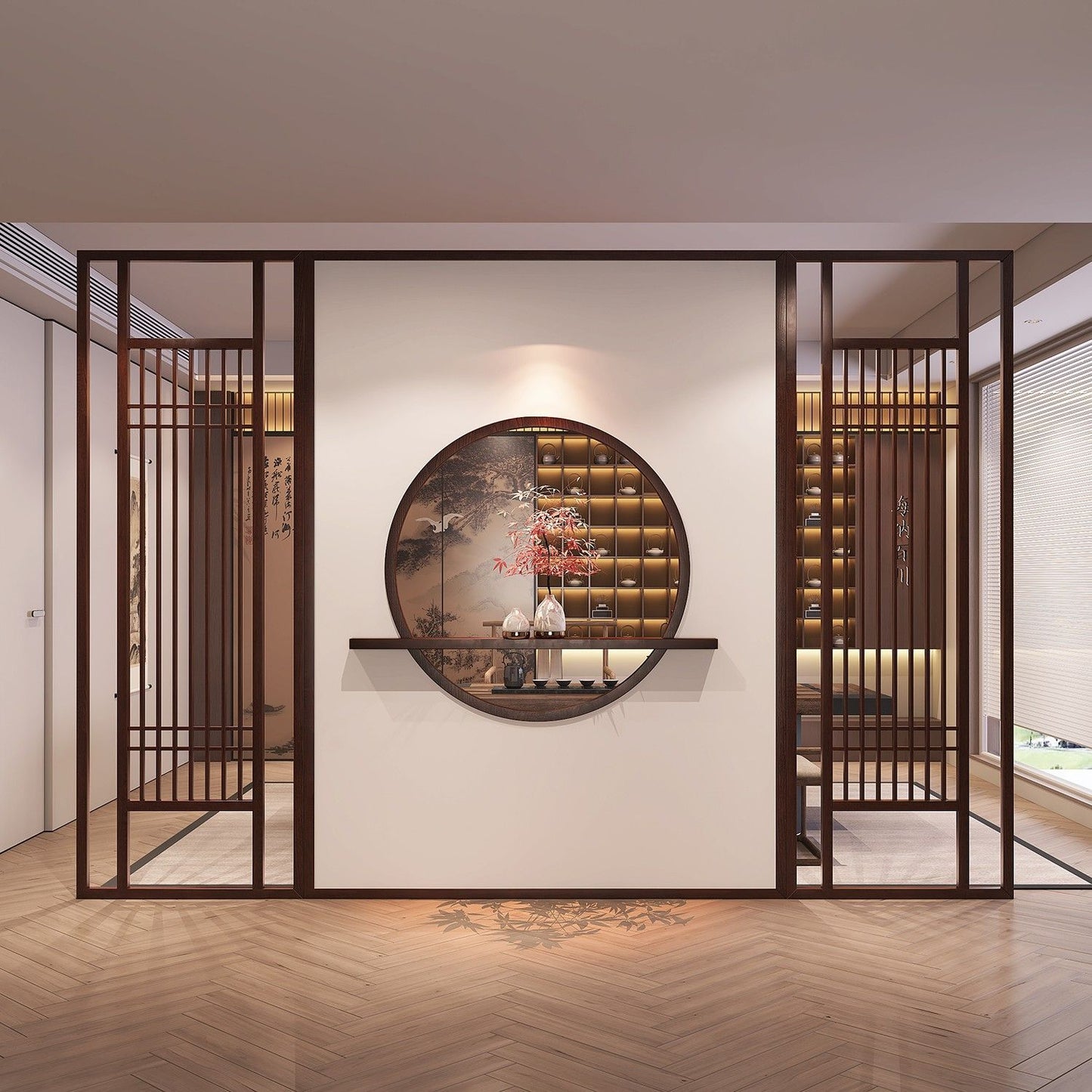 新中式實木屏風隔斷客廳玄關裝飾隔斷牆餐廳酒店背景牆格柵定製