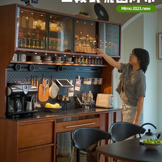 复古实木法式餐边柜靠墙一体置物柜客厅储物柜中古茶水柜双层橱柜