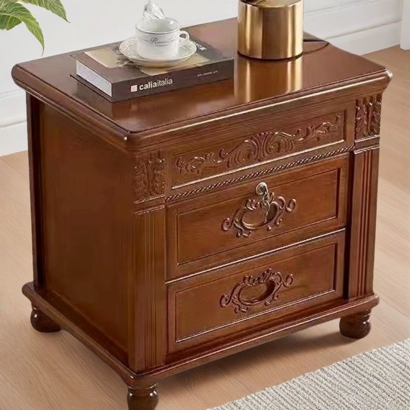 中式復古整裝帶鎖雕花實木新款牀頭櫃簡約臥室牀邊儲物櫃家用收納