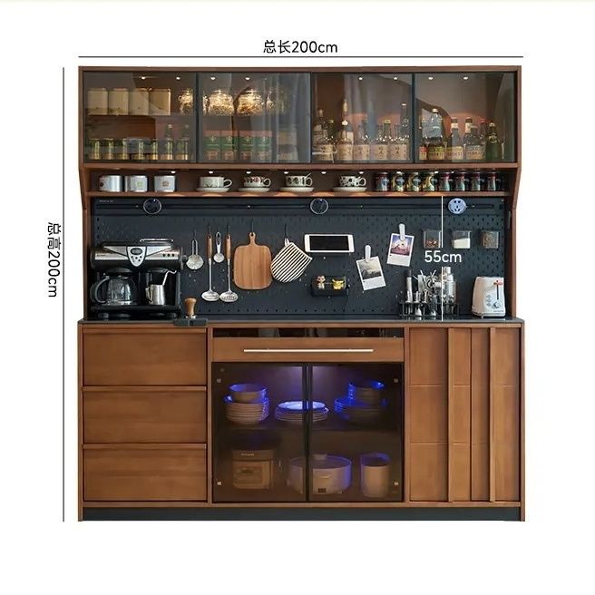 复古实木法式餐边柜靠墙一体置物柜客厅储物柜中古茶水柜双层橱柜