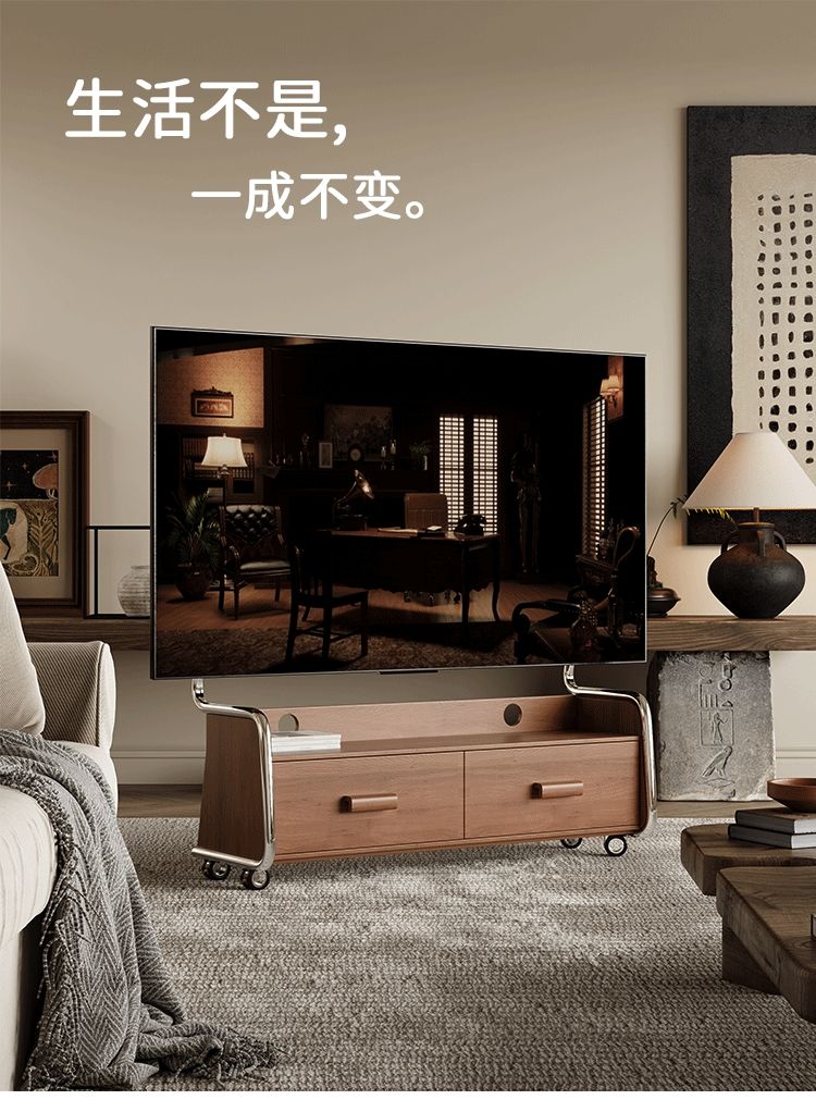 北歐復古實木電視架客廳家用落地電視櫃設計師創意可移動帶輪掛架