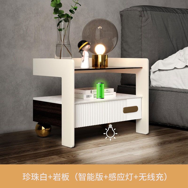 輕奢智能牀頭櫃巖板無線充電牀前櫃多功能感應燈簡約收納牀邊櫃