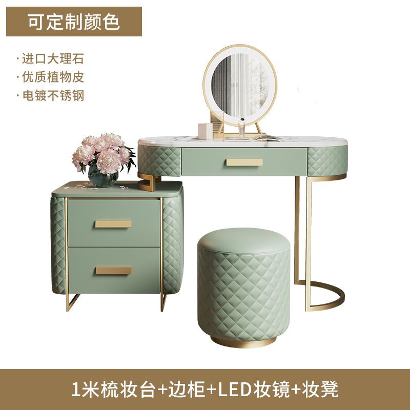 2022新款真皮梳妝檯意式輕奢大理石收納櫃一體小戶型伸縮化妝桌子